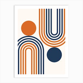 Mid Century Modern Geometric in classy navy blue burnt orange (Rainbow and Sun Abstract Design) 2 Art Print