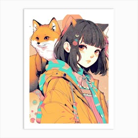 Pretty Anime Girl with Fox 12 Art Print