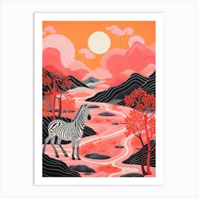 Pink Zebra Illustration With The Hills 1 Art Print