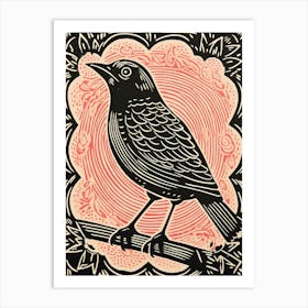 Vintage Bird Linocut Cowbird 2 Art Print