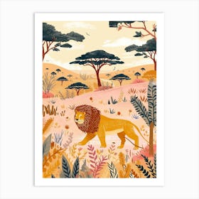 African Lion Hunting In The Savannah Illustration 3 Art Print