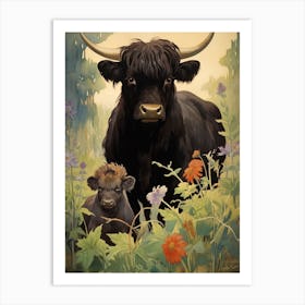 Animated Black Pull & Baby Calf In The Meadow Art Print