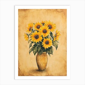 Sunflower Sepia Watercolour Illustration Art Print