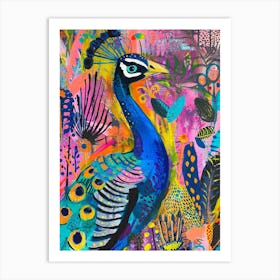 Peacock & Feathers Colourful Portrait 3 Art Print