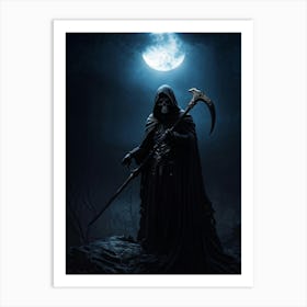 Grim Reapers Skull Emerges From An Abyss Of Bleak Darkness Clutching A Sword Dim Moonlight Castin (4) Art Print