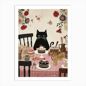 Black Cat With Cakes Coffee And Flower Painting Cat Kitchen Print Cat Lover Gift Cute Cat Print Kitchen Art Print