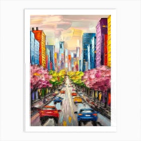 Cityscape With Cherry Blossoms Art Print