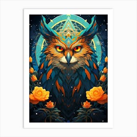 Owl With Roses Art Print