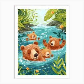 Brown Bear Family Swimming In A River Storybook Illustration 1 Art Print