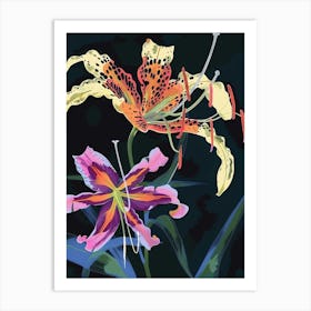 Neon Flowers On Black Gloriosa Lily 1 Art Print