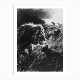 African Lion Charcoal Drawing Interaction With Other Wildlife 1 Art Print