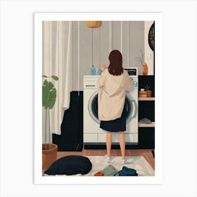 Girl Standing In Front Of Washing Machine Art Print