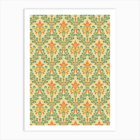 Enhanced Vintage Late Medieval Brocade Pattern Green And Orange On Light Art Print