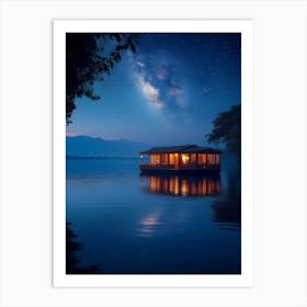 Houseboat On The Lake At Night Affiche