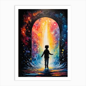 Silhouette Of A Whimsical Child Figure Stepping Through A Polychrome Portal In A Fantastical Setting Art Print