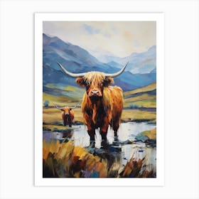 Brushstroke Style Highland Cows In The Valley Art Print