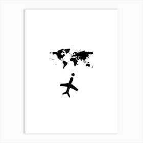 Airplane Flying Over World Map print art Art Print