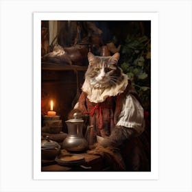Realistic Cat As A Cook In A Medieval Kitchen Art Print
