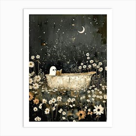 Bathroom Art Spooky Cute Ghost Reading in the Bath Under the Moon and Stars Moody Botanical Painting in HD Art Print