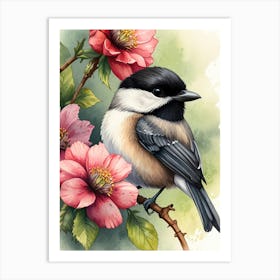 Chickadee With Flowers Art Print