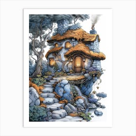 Fantasy Full Color Adult Coloring Book, Thick Lines, No Fine Detail, No Words, No Gray Scale, No Shading, White Background, Delicate Pattern Drawing Illustration Of Fantasy Small House With A Water Mill, In Art Print