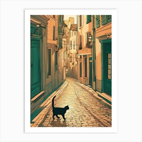 Black Cat Walking On Cobbles Streets Art Print