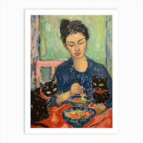 Portrait Of A Girl With Cats Eating Ramen 2 Art Print