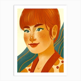 Asian Woman Girl with Red Hair, Freckles, Cheeks, Green Eyes, Illustration Poster