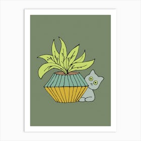 Grey Cat And A Planter Pot Art Print