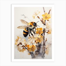 Bumblebee, Japanese Brush Painting, Ukiyo E, Minimal 1 Art Print