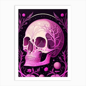 Skull With Cosmic Themes Pink Line Drawing Art Print