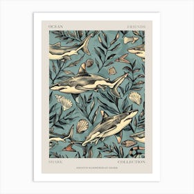Pastel Blue Smooth Hammerhead Shark Watercolour Seascape 3 Poster Art Print