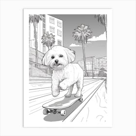 Maltese Dog Skateboarding Line Art 2 Art Print