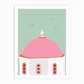 Santorini Travel Greece Pink And Green Art Print