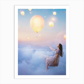 Girl Floating Effortlessly Among Ballooning Wispy Clouds Face Bathed In A Soft Glow Emanating From Art Print