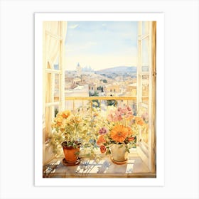 Window View Of  Athens Greece In Autumn Fall, Watercolour 1 Art Print