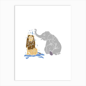 Elephant Showering A Lion With Trunk, Fun Safari Animal Print, Portrait Art Print