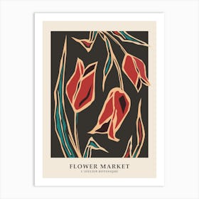 Flower market, Black red tulips, Retro abstract flowers Art Print