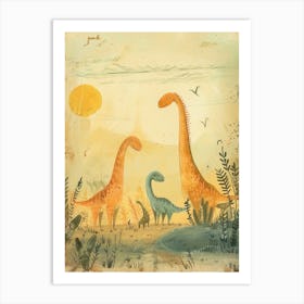 Dinosaur Family In The Sunset Storybook Style Art Print