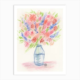 Bouquet Of Joy - hand drawn pastel floral flowers vertical red blue green ivory living room kitchen Art Print