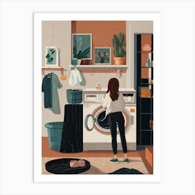 Illustration Of A Woman In A Laundry Room Art Print