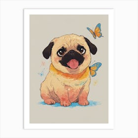 Pug Dog With Butterflies Art Print