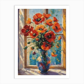 Poppies in a Vase by the Window in the Style of Matisse, Vibrant Colorful Scenery Oil Painting For Feature Wall Decor High Resolution Beautiful Art Print