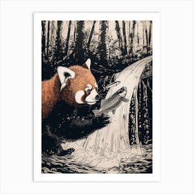 Red Panda Catching Fish In A Waterfall Ink Illustration 4 Art Print