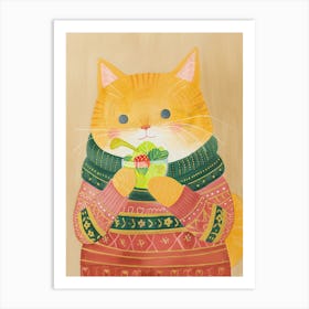 Cute Brown Cat Eating Salad Folk Illustration 3 Art Print