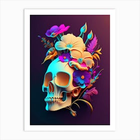 Skull With Neon 2 Accents Vintage Floral Art Print