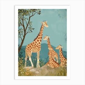 Herd Of Giraffes Resting Under The Tree Modern Illiustration 5 Art Print