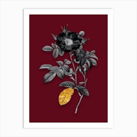Vintage Red Portland Rose Black and White Gold Leaf Floral Art on Burgundy Red n.0608 Art Print
