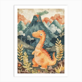 Dinosaur & The Volcano Vintage Storybook Painting 1 Art Print