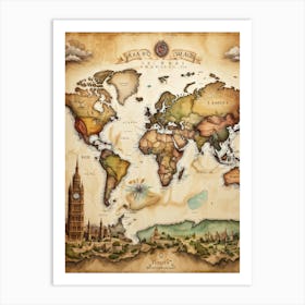 A World Map Visualizing An International Journey Pinpointing Iconic Historical Landmarks Across Var (3) Art Print